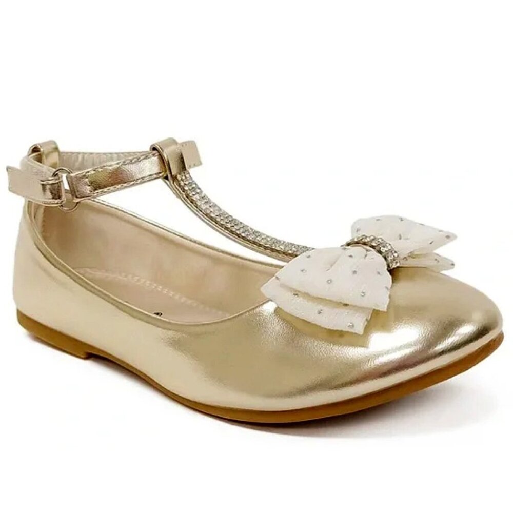 Jelly Beans Girls Gold Metallic Ankle T-Strap Bida Ballet Flat Shoes Size 2